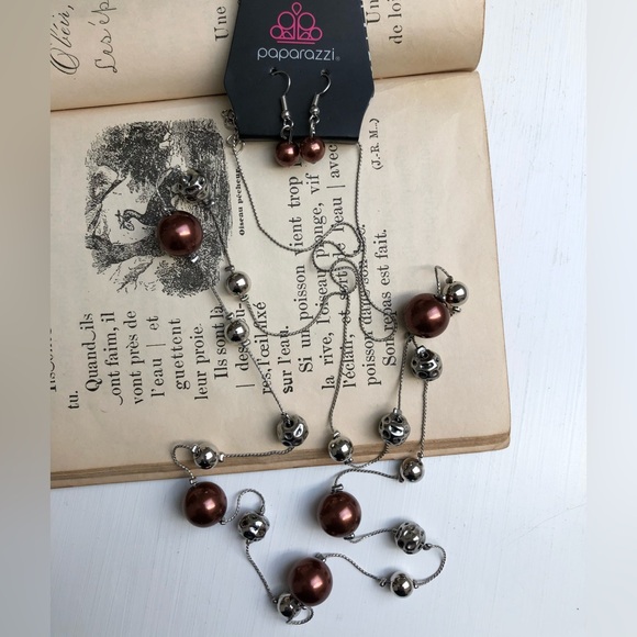 🍁NEW Paparazzi Brown & Silver Metallic Bead Necklace and Earrings Set - Picture 1 of 6
